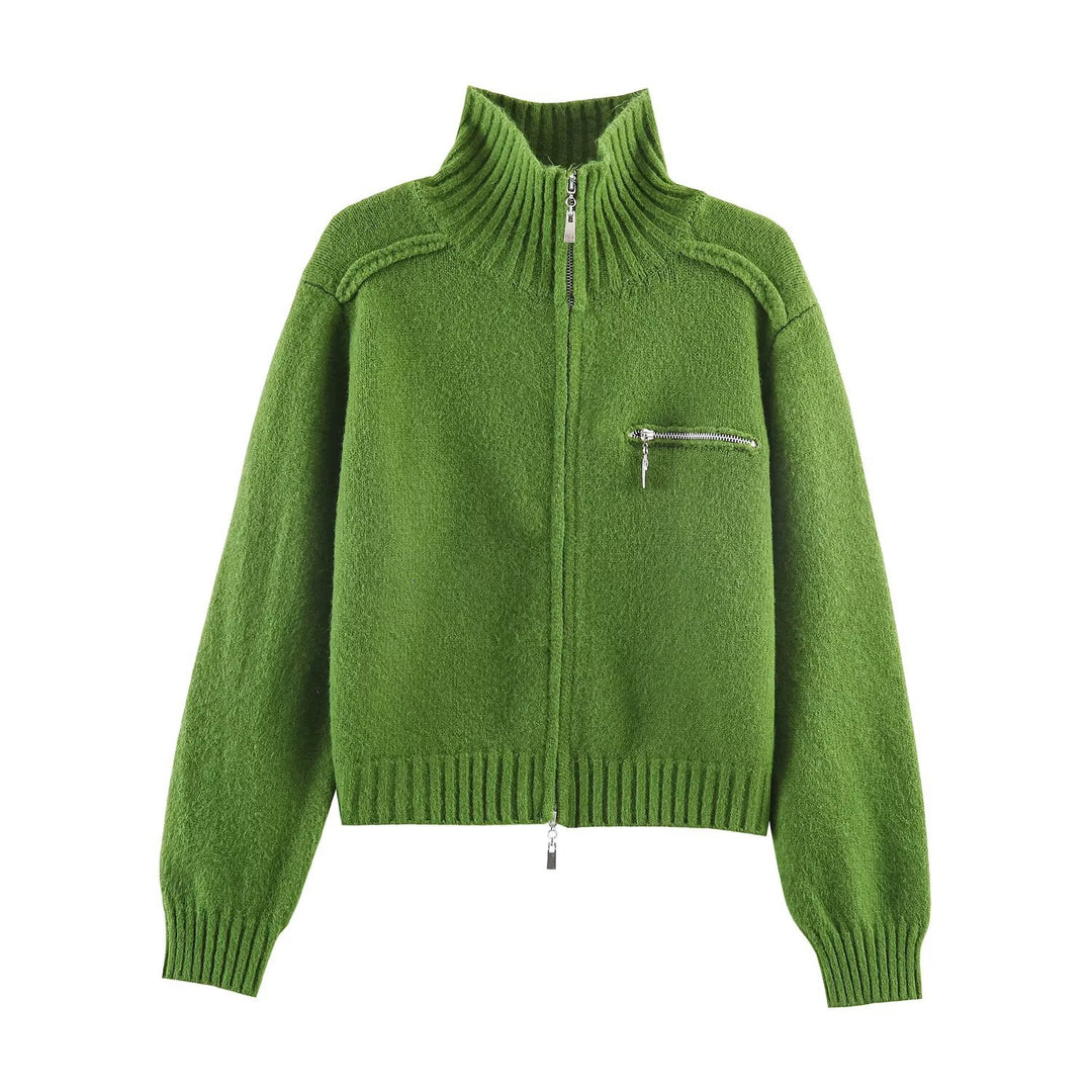 Women's Chunky Knit Zip-Up Cardigan with High Ribbed Collar and Chest Pocket Mune Fashion