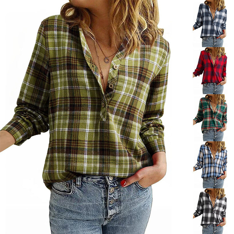 Women’s check blouse in oversized look with V-neck, button placket, and rounded hem Mune Fashion