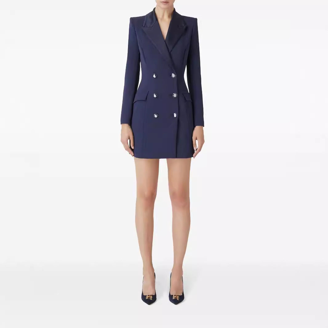 Women Tailored Double-Breasted Blazer Dress-Mini Dress with Structured Shoulder Mune Fashion