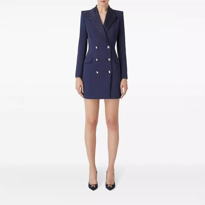 Women Tailored Double-Breasted Blazer Dress-Mini Dress with Structured Shoulder Mune Fashion