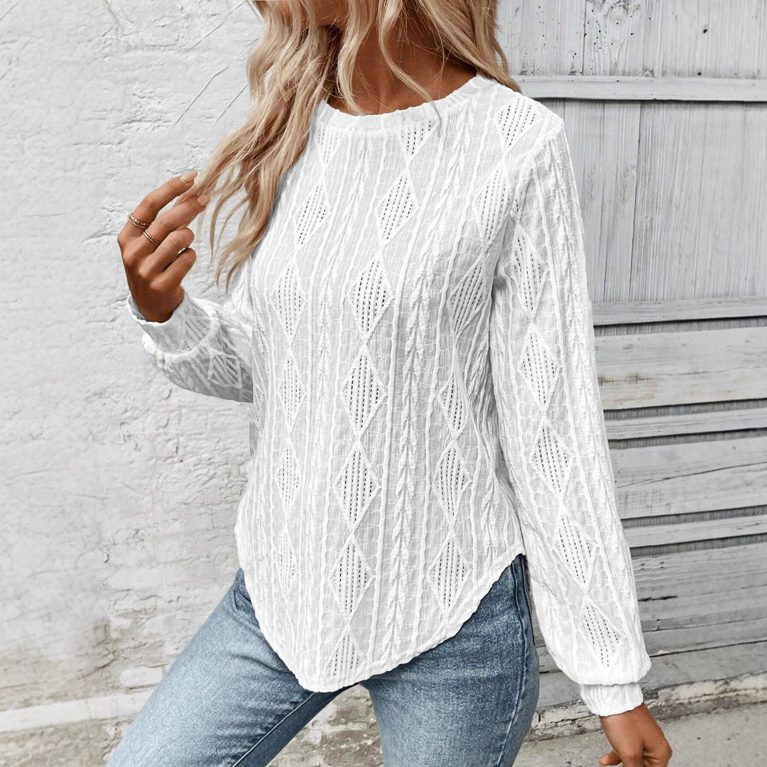 Women Structured Openwork Knit Blouse with Round Neck and Casual Silhouette Mune Fashion