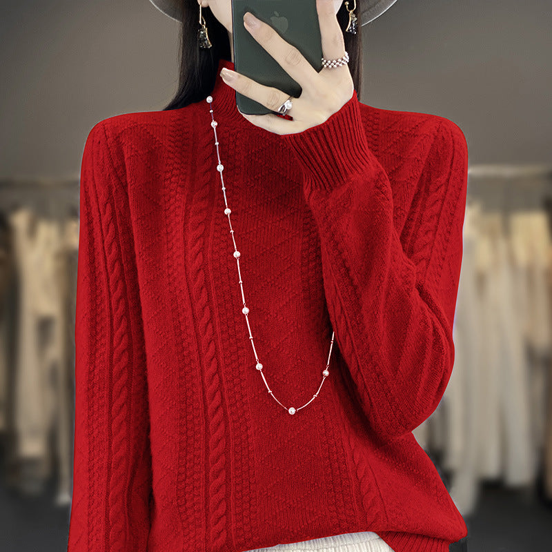 Women's Soft Cable Knit Mock Neck Sweater with Light Mohair Effect Mune Fashion