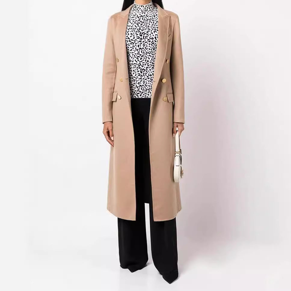 Women's Slim Maxi Length Coat in Clean-Cut with Double-Breasted Look and Decorative Metal Buttons Mune Fashion