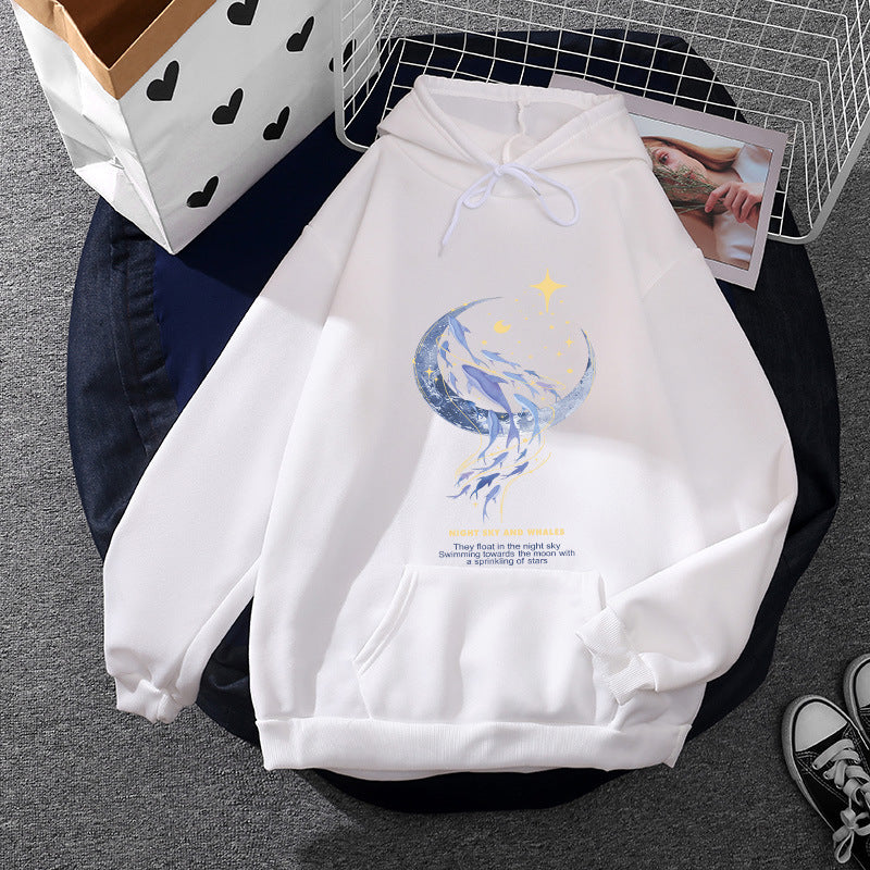 Women's hooded sweatshirt with moon and whale illustration, oversized cut and kangaroo pocket Mune Fashion