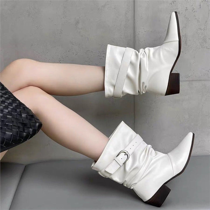 Women’s Mid-Calf Slouch Western Boots with Pointed Toe, Gathered Shaft and Decorative Buckle Mune Fashion