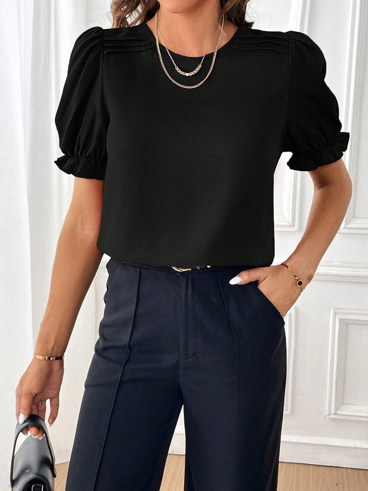 Ladies Elegant Chiffon Blouse with Puff Sleeves and Decorative Shoulder Pleats Mune Fashion