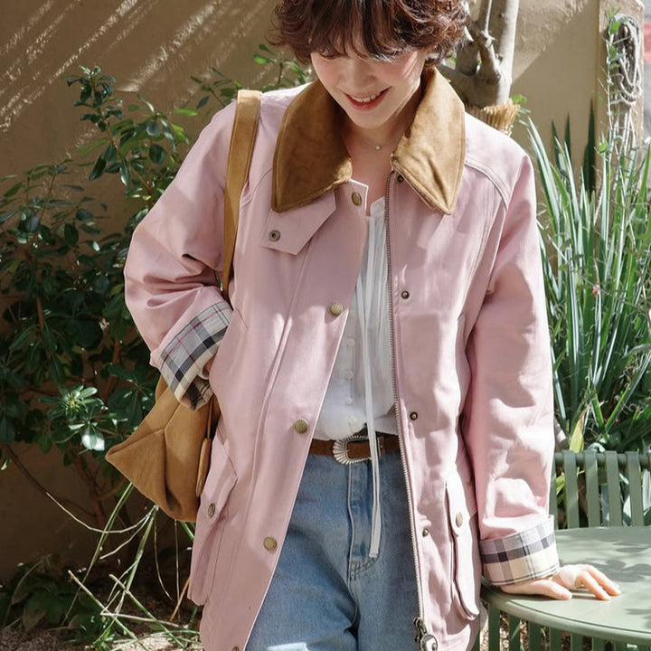 Women's transitional jacket with corduroy collar, checkered inner cuffs, and patch pockets Mune Fashion