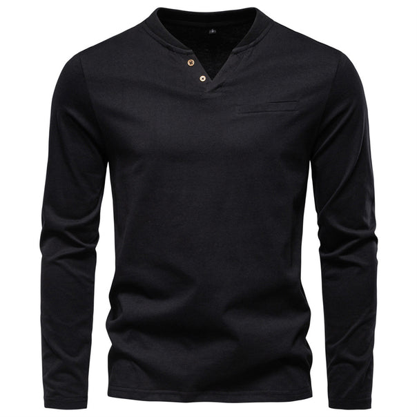 Men's tailored long sleeve shirt in Henley style with short V-neck, decorative buttons, and chest pocket Mune Fashion