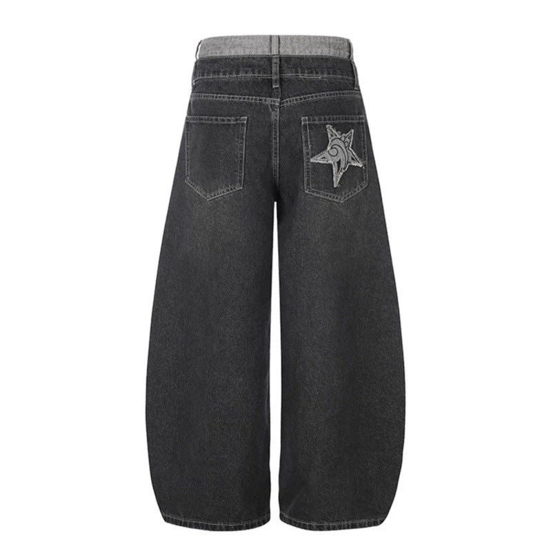 Women's High-Waist Wide Denim Culotte with Star Appliqués and Fringe Detail