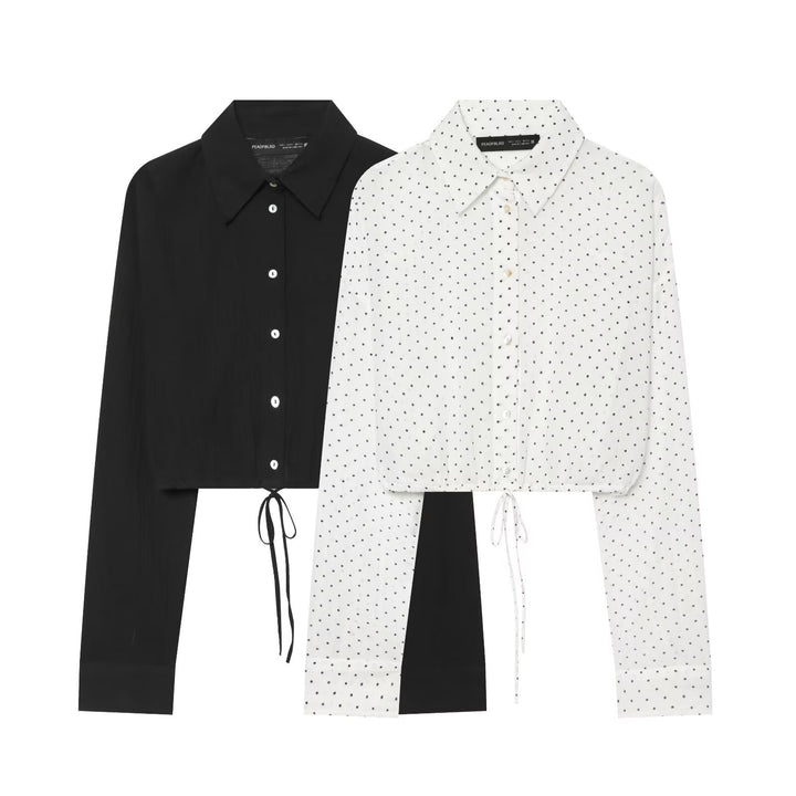 Women's Dotted Cropped Blouse with Drawstring and Shirt Collar Mune Fashion