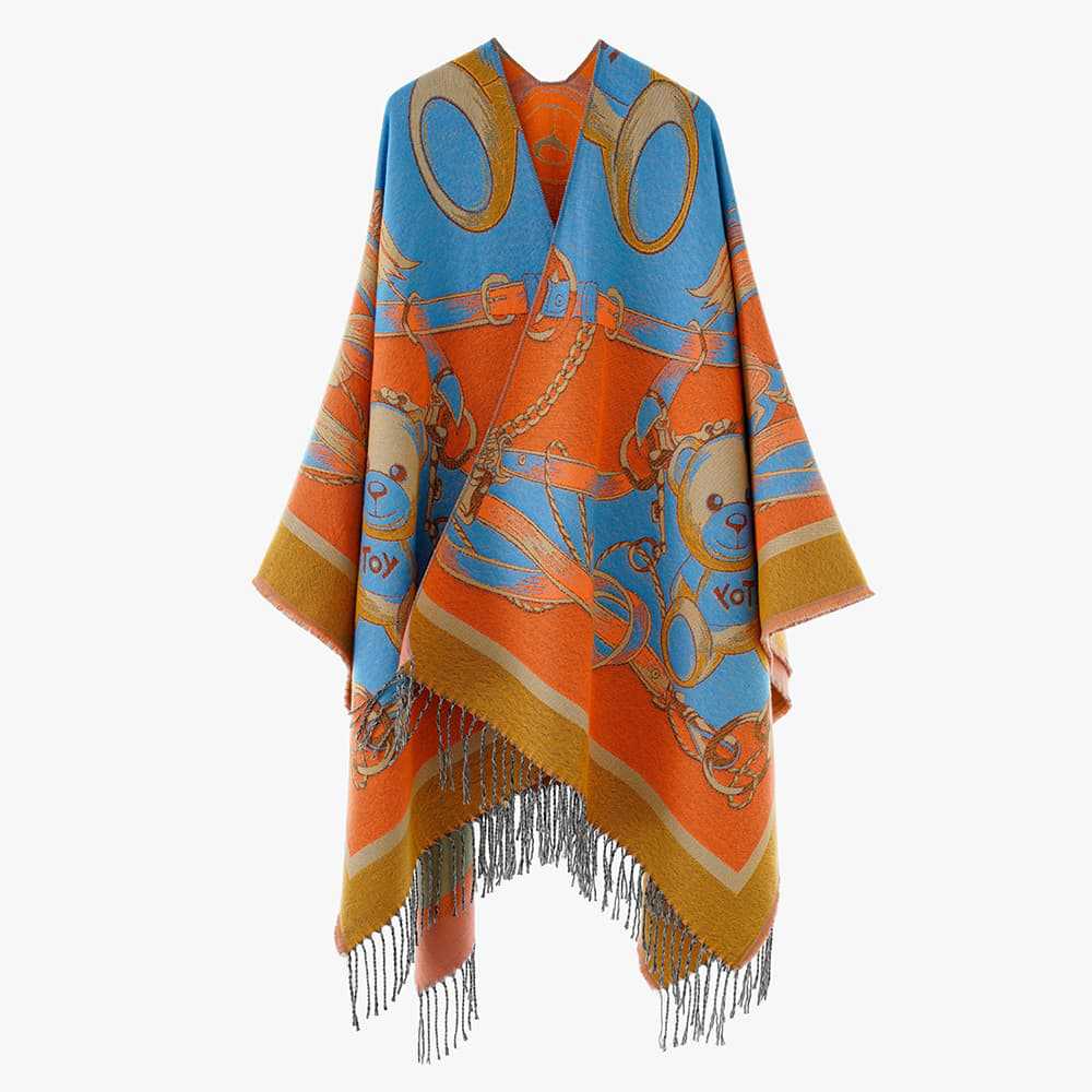 Women's Jacquard-Cape Poncho with Teddy Motif, Oversized Silhouette and Fringe Hem Mune Fashion