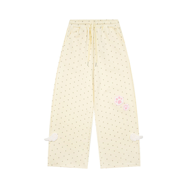 Women’s Relaxed Lounge Pants with Elastic Waistband, Allover Star Print and Paw Print Application Mune Fashion