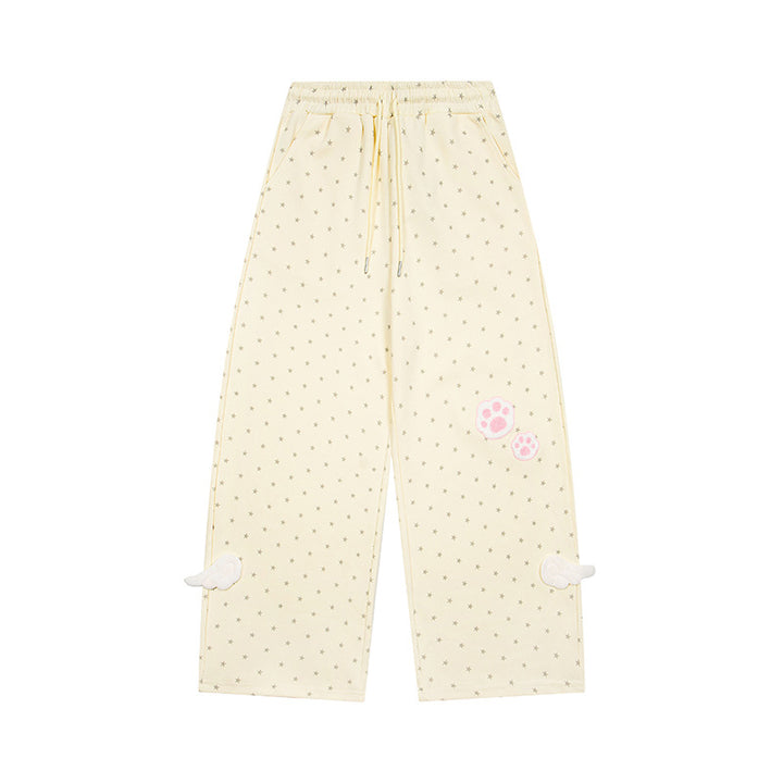 Women’s Relaxed Lounge Pants with Elastic Waistband, Allover Star Print and Paw Print Application Mune Fashion
