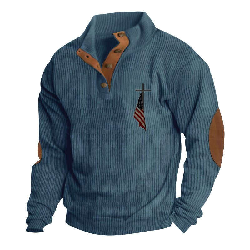Men's structured troyer with faux leather elbow patches, V-button placket, and discreet emblem Mune Fashion