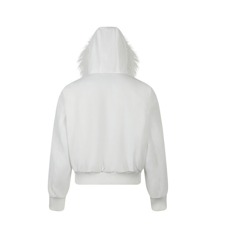 Women short-cut padded bomber jacket with faux fur hood and applied label patches Mune Fashion