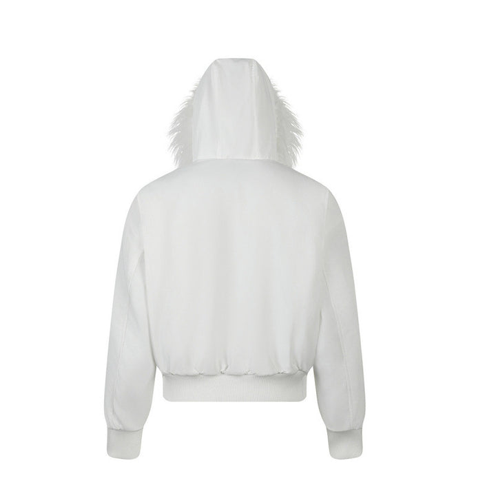 Women short-cut padded bomber jacket with faux fur hood and applied label patches Mune Fashion