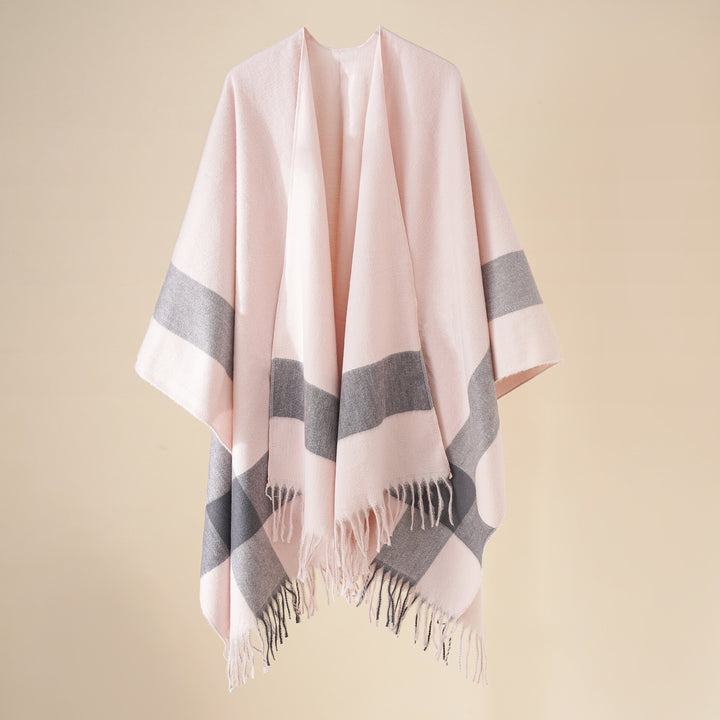 Women's Wool Blend Poncho with Check Pattern and Fringing Mune Fashion