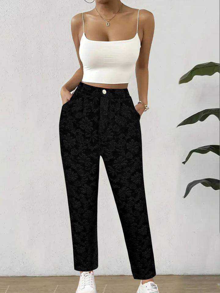 Women's high-waisted pleated trousers with floral jacquard and straight leg Mune Fashion