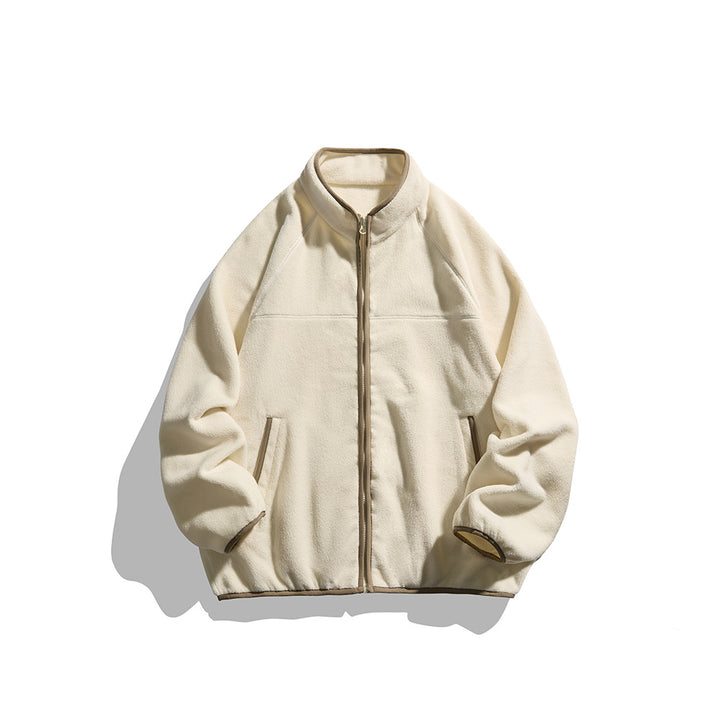 Unisex Oversize Fleece Jacket with Stand-Up Collar, Full-Length Zipper, and Contrast Piping Mune Fashion