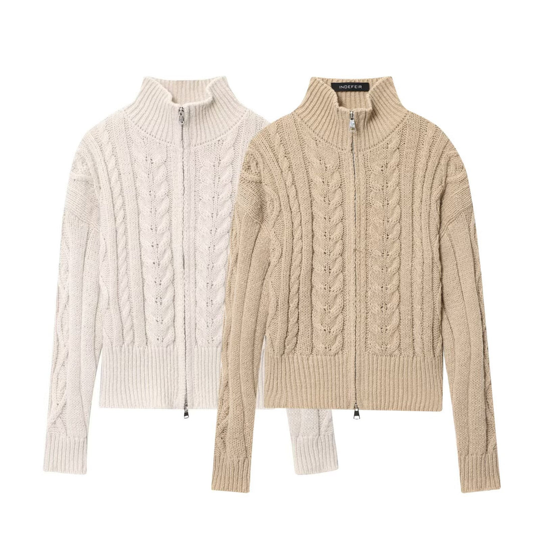 Women's Chunky Knit Cable Knit Cardigan with Stand-Up Collar and Zipper Mune Fashion