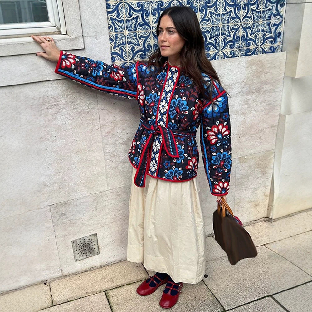 Women's Tailored Quilted Jacquard Cotton Jacket with Folk Floral Pattern & Tie Belt Mune Fashion