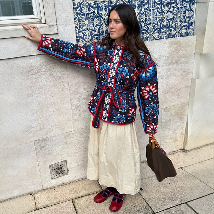 Women's Tailored Quilted Jacquard Cotton Jacket with Folk Floral Pattern & Tie Belt Mune Fashion