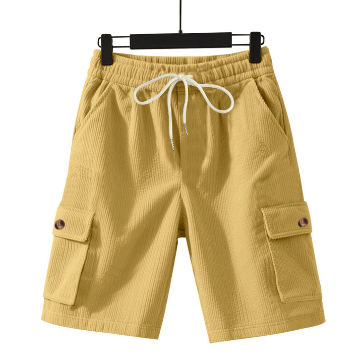 Men's cord cargo shorts with elastic drawstring waistband, patch cargo pockets, and soft cotton blend Mune Fashion