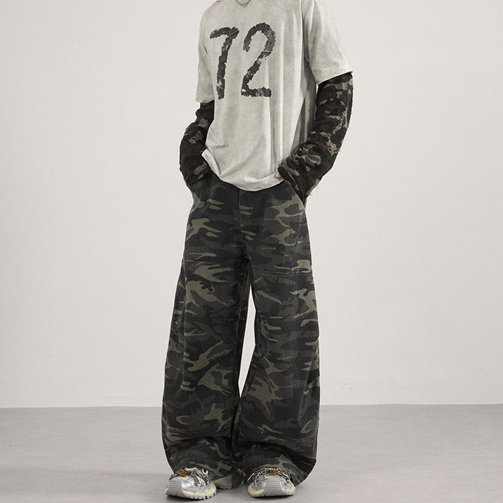 Men's Loose Camouflage Baggy Pants with Low Waistline and Knee Patch Pockets Mune Fashion