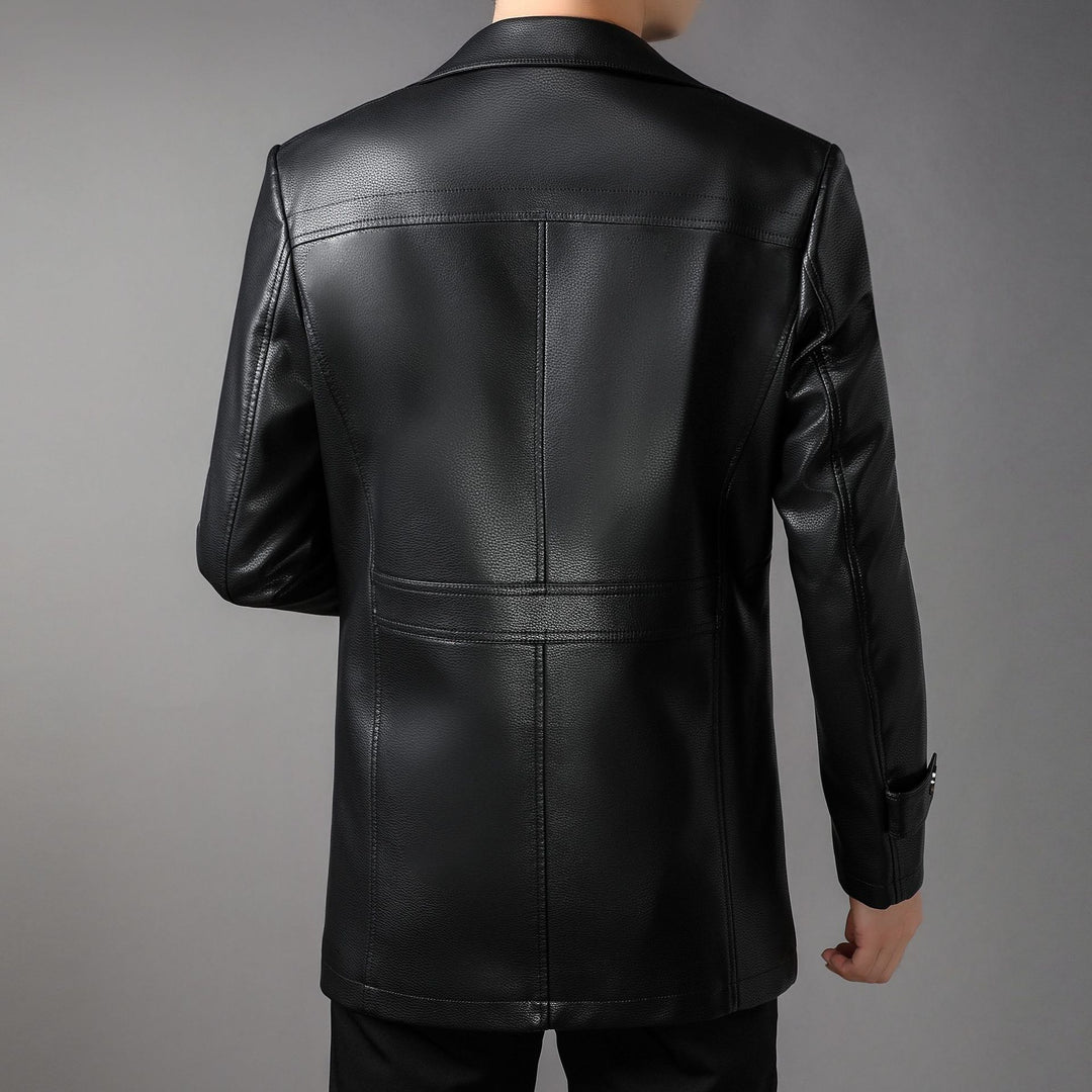Men's long leather coat with lapel collar and chest zip Mune Fashion