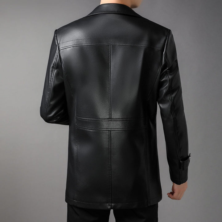 Men's long leather coat with lapel collar and chest zip Mune Fashion