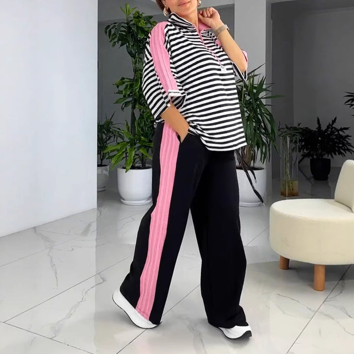 Women's casual two-piece polo lounge set with oversized stripes, pompom application, and contrasting side panels Mune Fashion