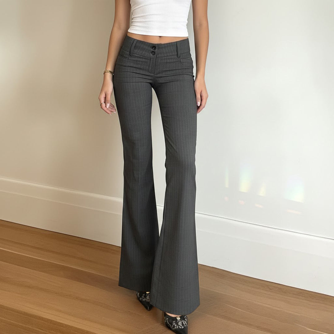 Women High-Waisted Stretch Flared Trousers with Pinstripes and Double Button Mune Fashion