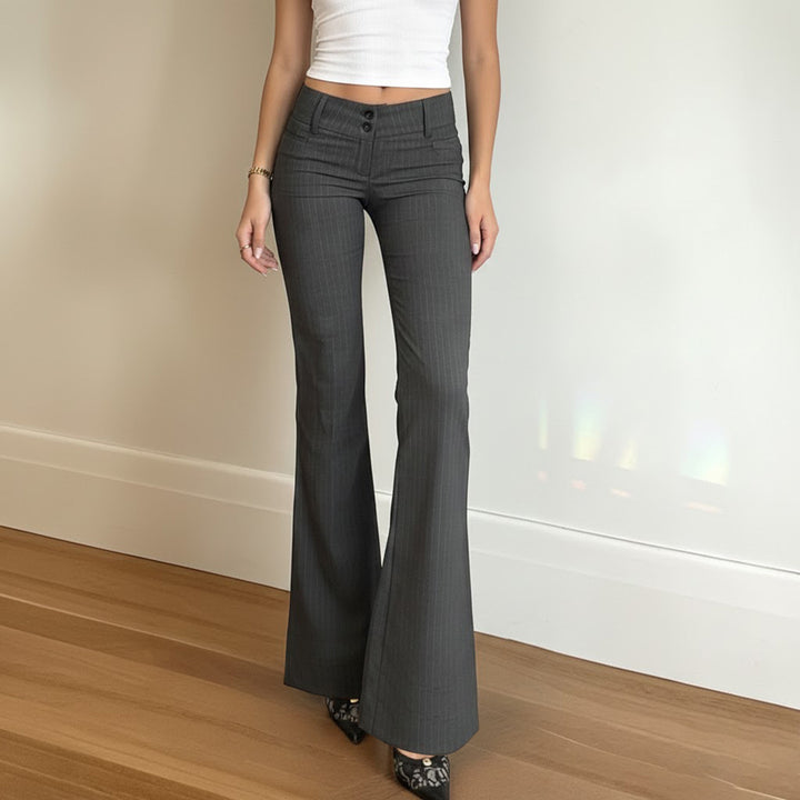 Women High-Waisted Stretch Flared Trousers with Pinstripes and Double Button Mune Fashion