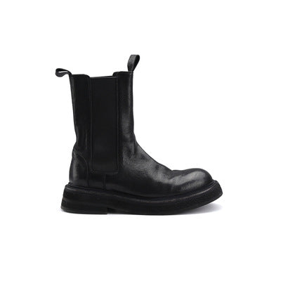 Women's Mid-Calf Chelsea Boots made of smooth leather with prominent platform sole and pull tabs Mune Fashion