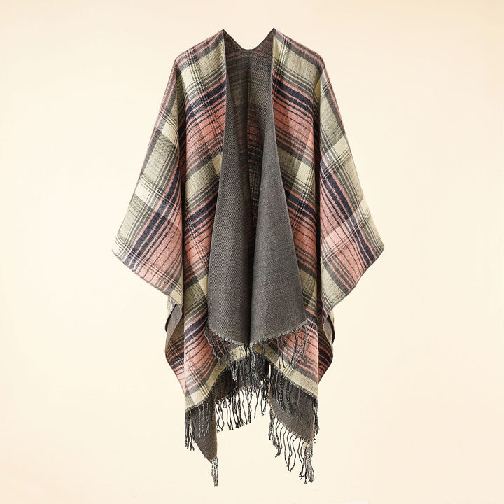 Ladies Kastiger Plaid-Ruana made of lightweight wool blend with decorative fringed hem Mune Fashion