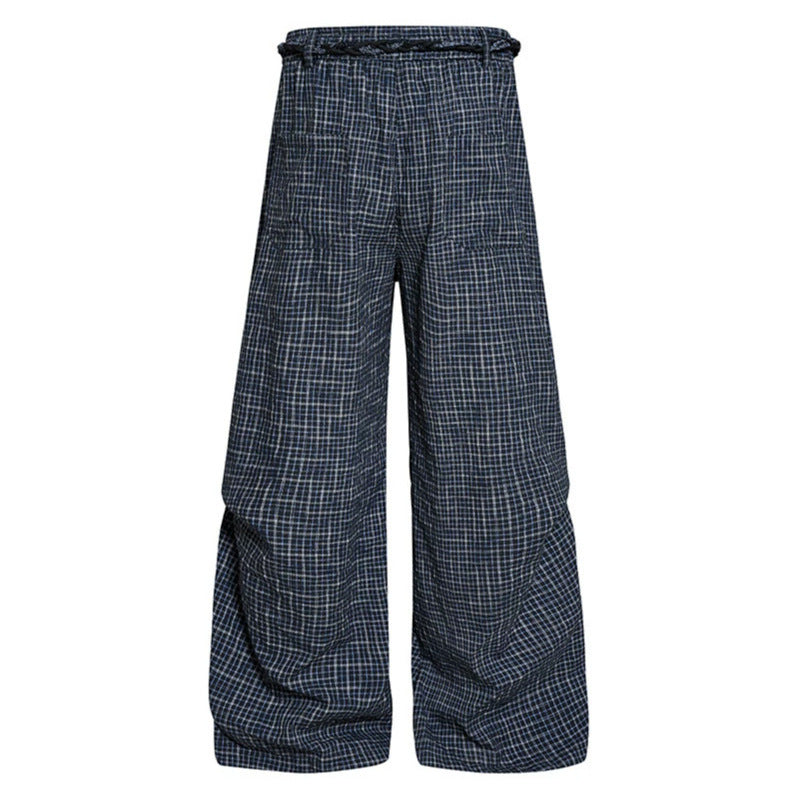 Women's wide palazzo pants with layered pleats, high waistband, and decorative cord belt Mune Fashion