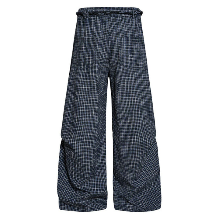 Women's wide palazzo pants with layered pleats, high waistband, and decorative cord belt Mune Fashion