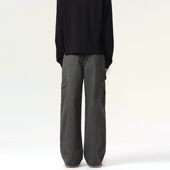 Men's Wide Canvas Cargo Pants in Utility Look with Multiple Pockets and Distinctive Seam Panels Mune Fashion