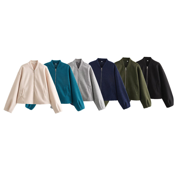 Women's short-cut minimalist bomber jacket with concealed two-way zipper and side pockets Mune Fashion