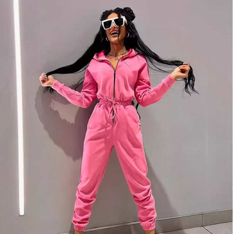 Women's cozy hooded jumpsuit with zipper and fitted drawstring Mune Fashion