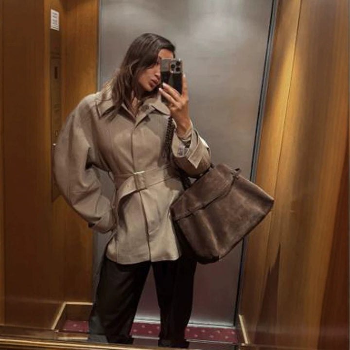 Women's Short Trench Coat with Waist Belt, Dropped Shoulder and Voluminous Balloon Sleeves Mune Fashion