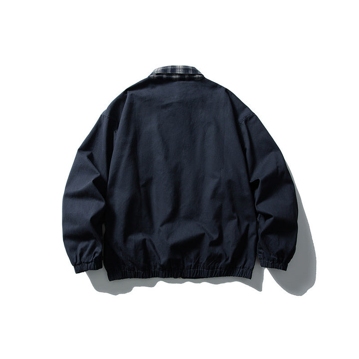 Men's Boxy Canvas Blouson Jacket with Checked Shirt Collar and Elastic Hem