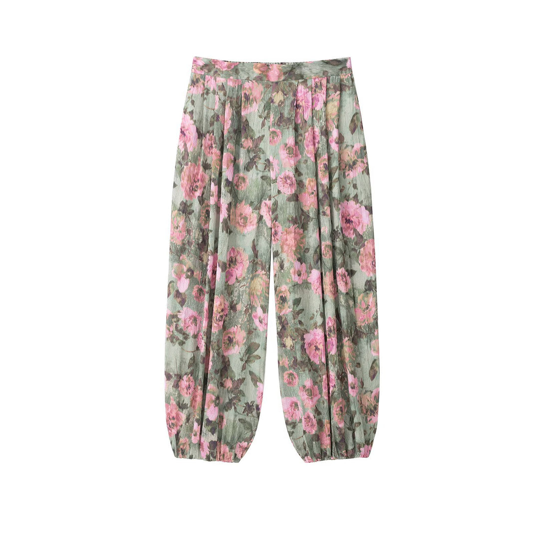 Women Wide Pleated Pants with Floral Print and Elastic Cuffs Drune