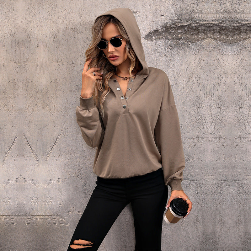 Women's Casual Hooded Henley Sweatshirt with Snap Placket and Elastic Hem Mune Fashion