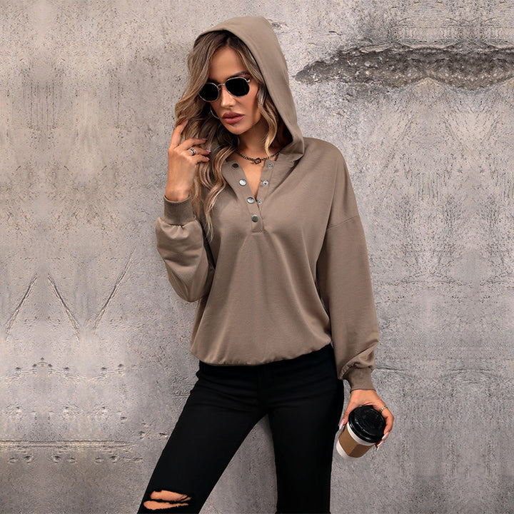 Women's Casual Hooded Henley Sweatshirt with Snap Placket and Elastic Hem Mune Fashion