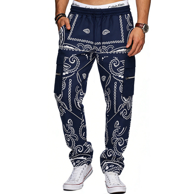 Men's cargo pants with bandana print, elastic waistband, and zipper pockets Mune Fashion