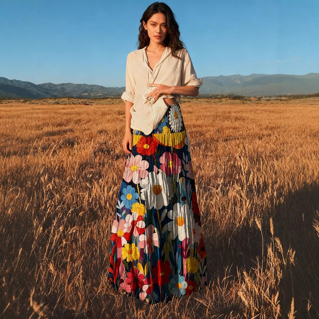 Women's maxi skirt with large floral embroidery, pleated ruffle and wide A-line cut Mune Fashion