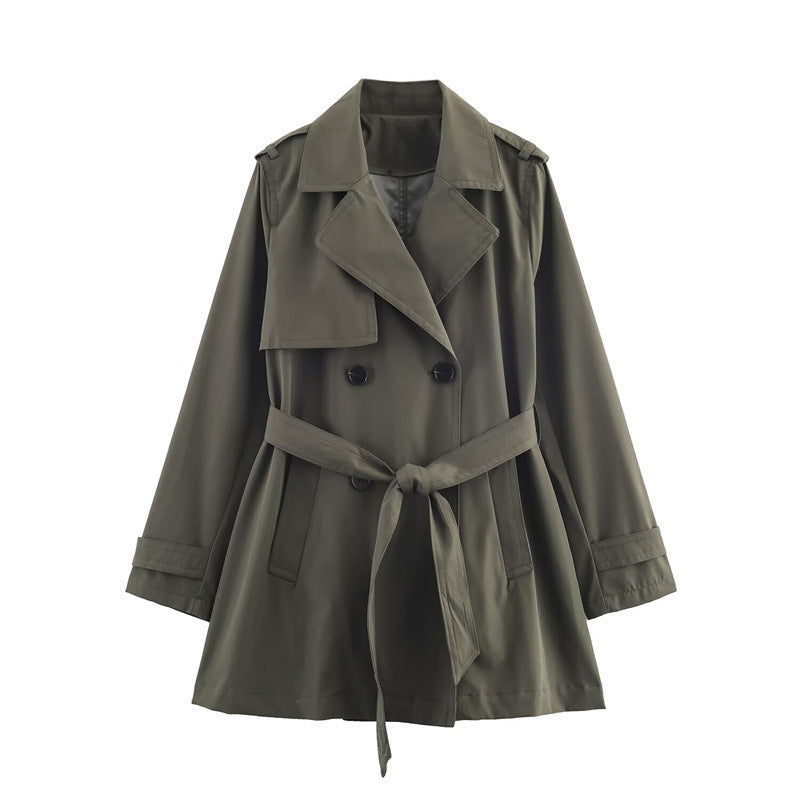 Women's short trench coat with A-line silhouette, double-breasted button placket, detachable belt, and shoulder epaulettes Mune Fashion