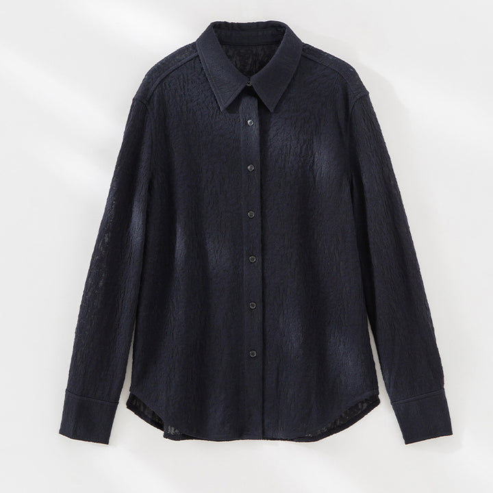 Ladies Textured Oversized Shirt Blouse with Shirt Collar and Cuffs Mune Fashion