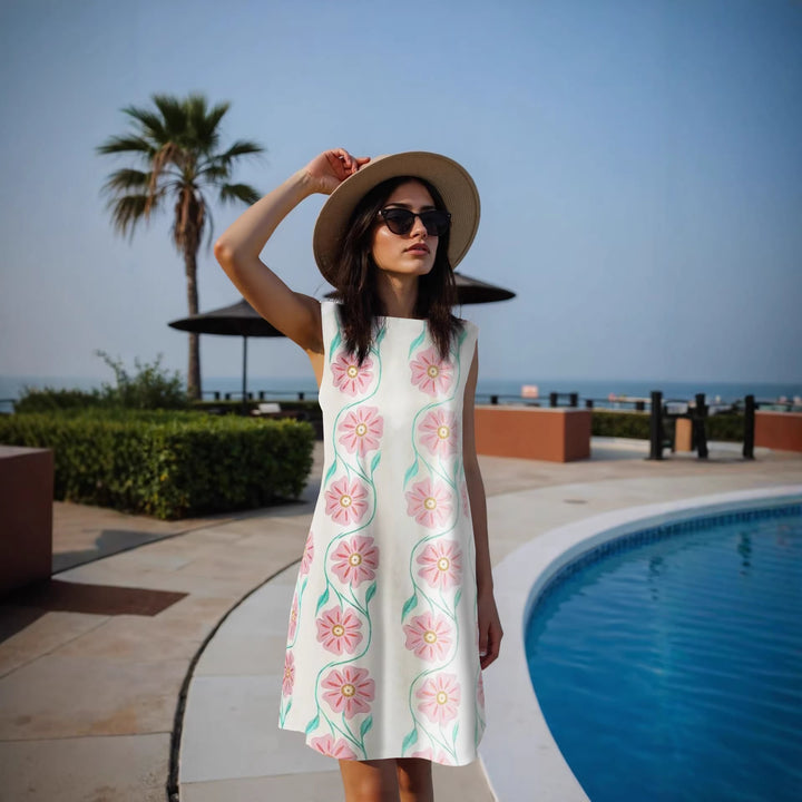Women's Lightweight Sleeveless Shift Midi Dress with Delicate Floral Print and Straight Neckline Mune Fashion